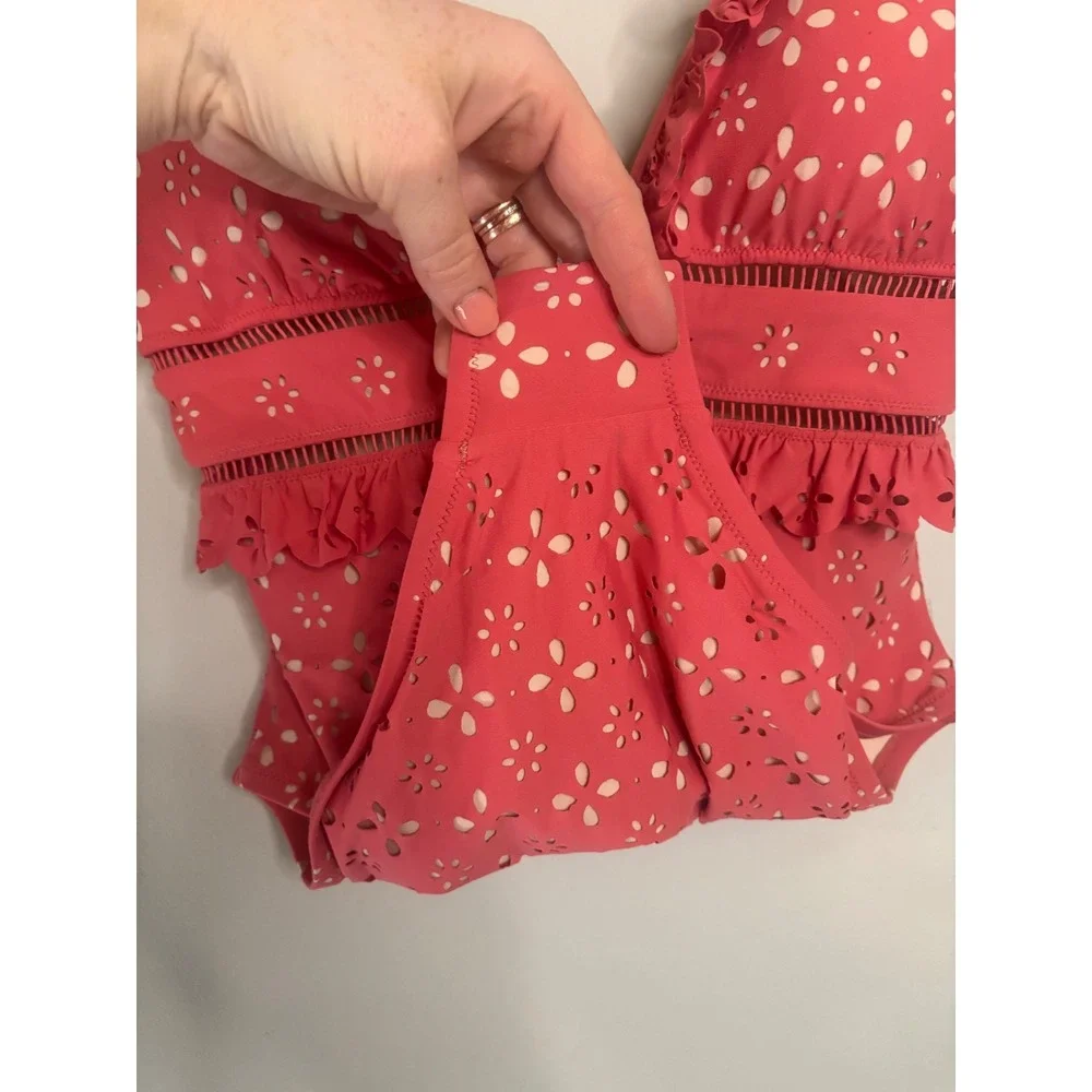 J.Crew Eyelet Ruffle‎ One Piece Coral Cutout Feminine Resort Swim 8